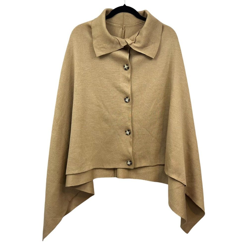 Tavin Womens Knit Poncho Shrug Collared Button Front Tan Size One Size*